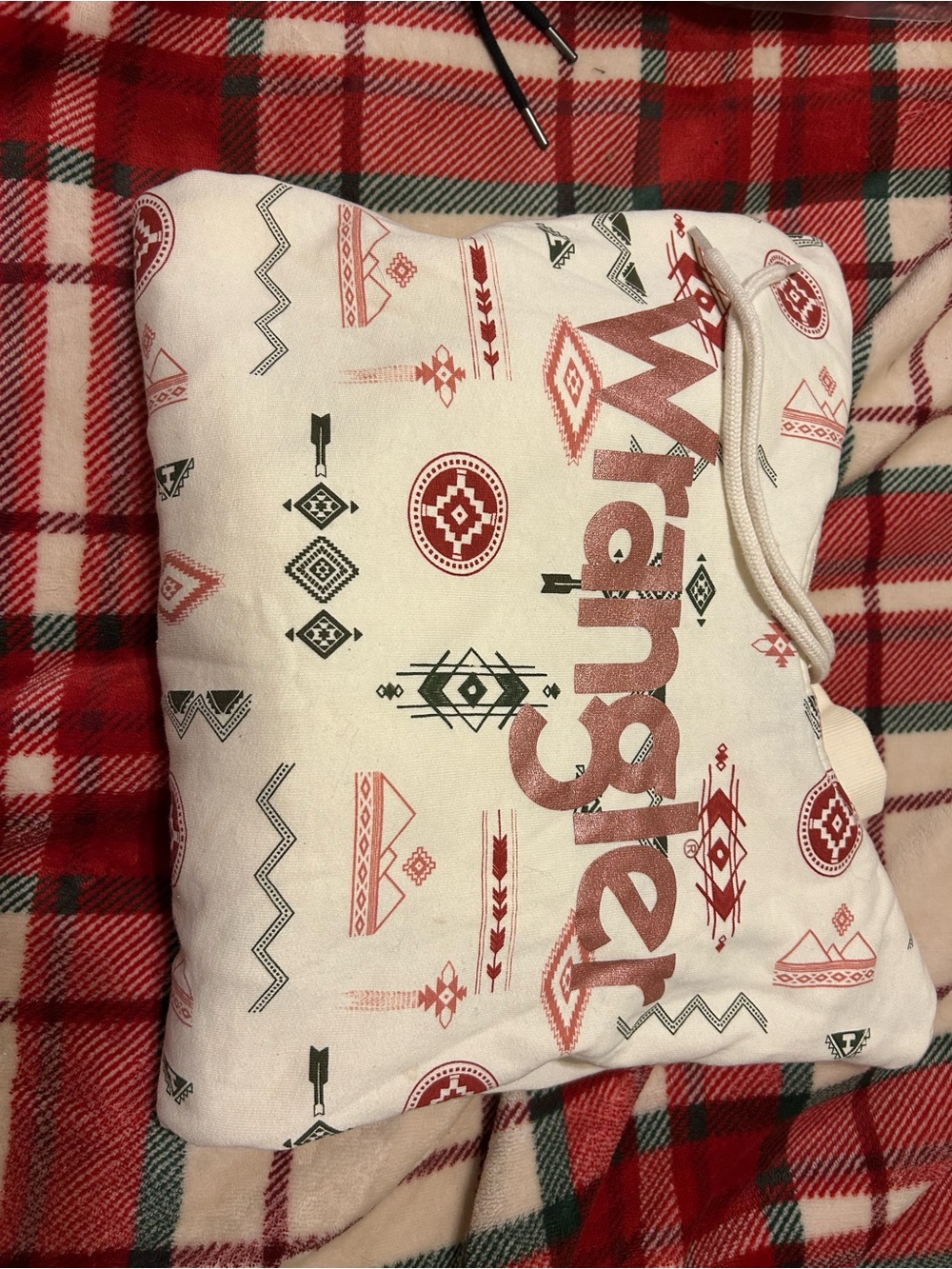 Wrangler Cream Pullover Hoodie with Red and Green Tribal Print
